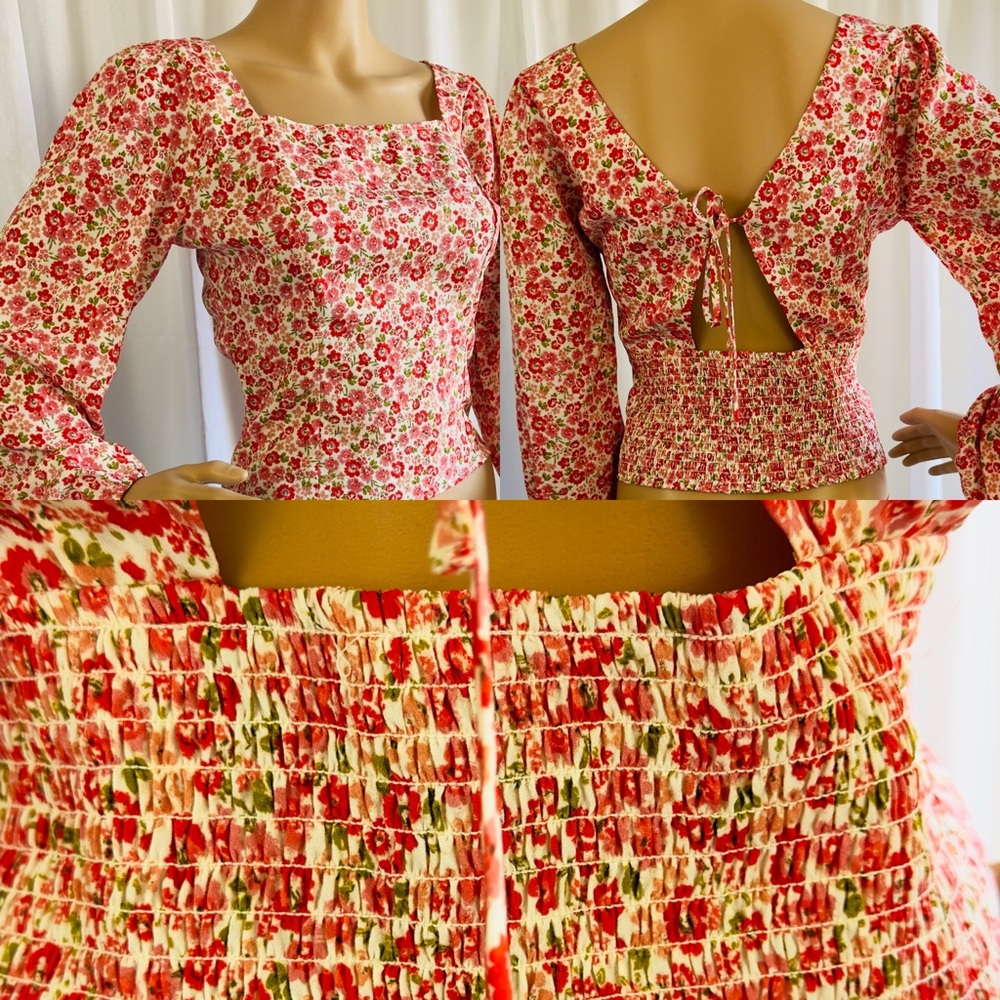 Anthropologie Lush Floral Square Neck Long Sleeve Blouse Cutout Shirred …